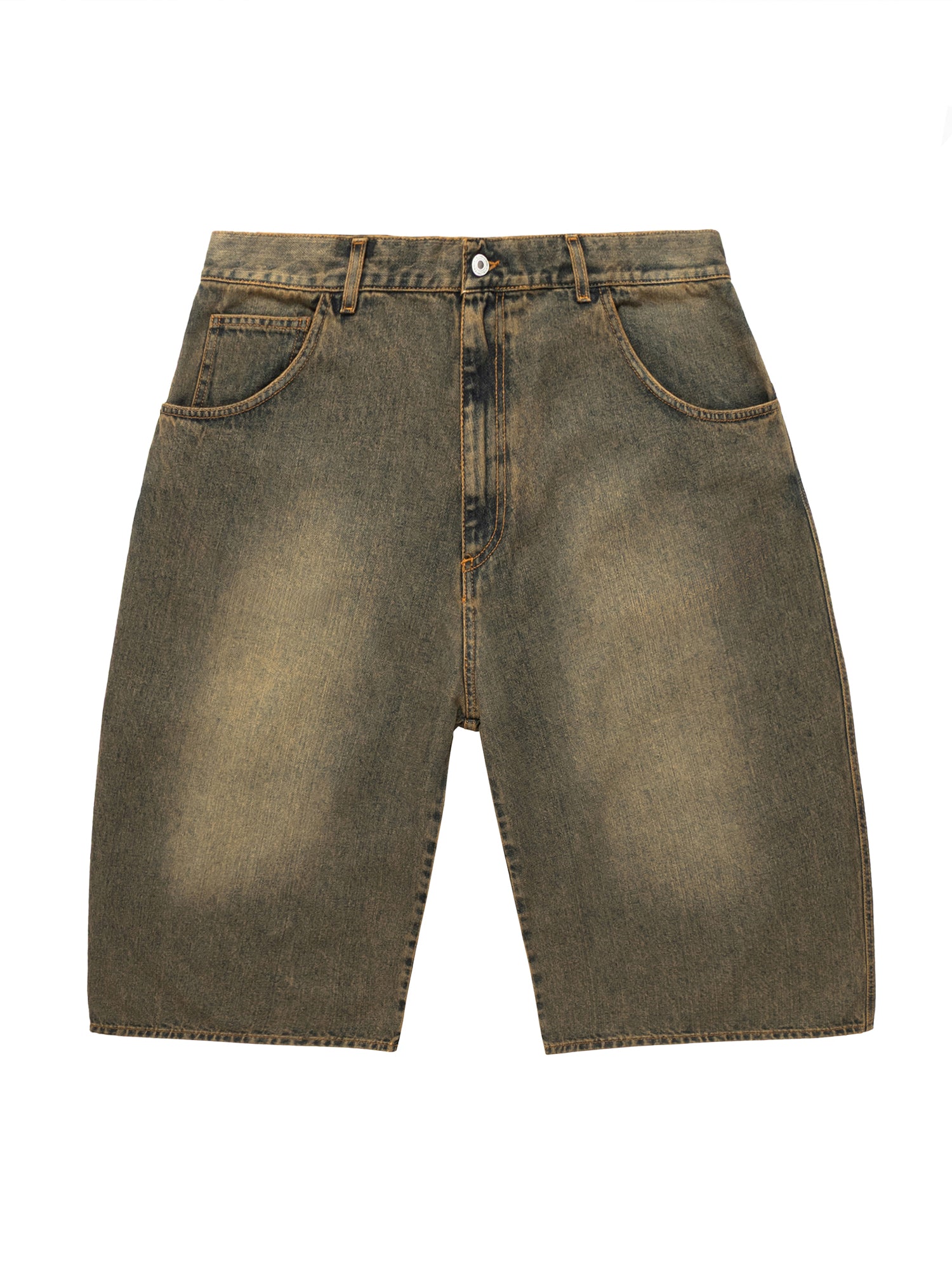 Brune denimshorts Aged, set forfra