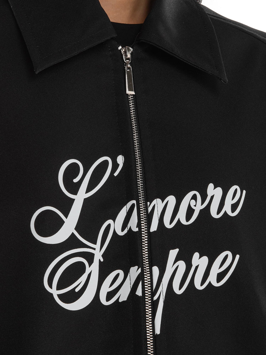 Giacca camicia con zip nera L’amore sempre, dettaglio della stampa
