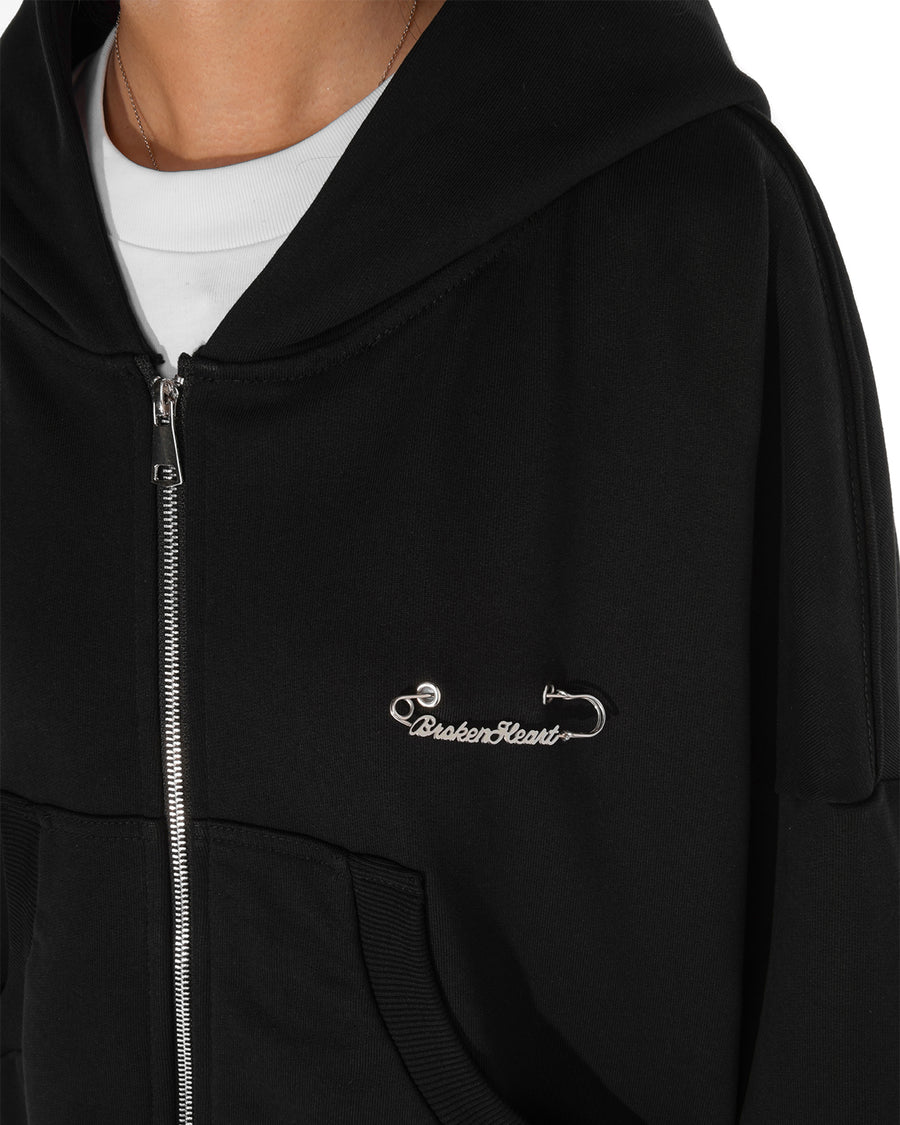 Black Brokenheart zip-up hoodie, safety pin detail
