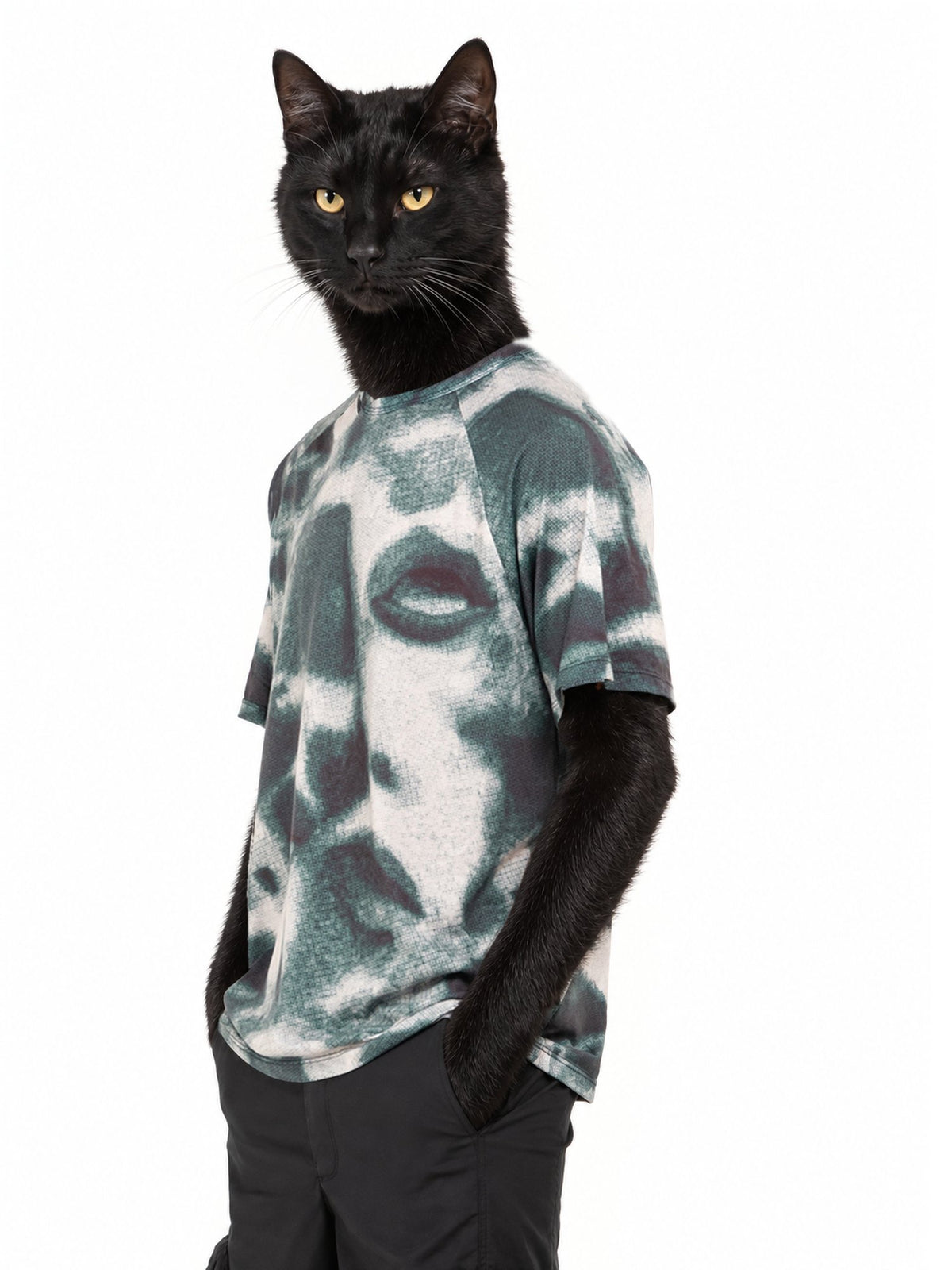 Personaggio inventato, gatto nero gigante, indossa Militant Maw T-Shirt