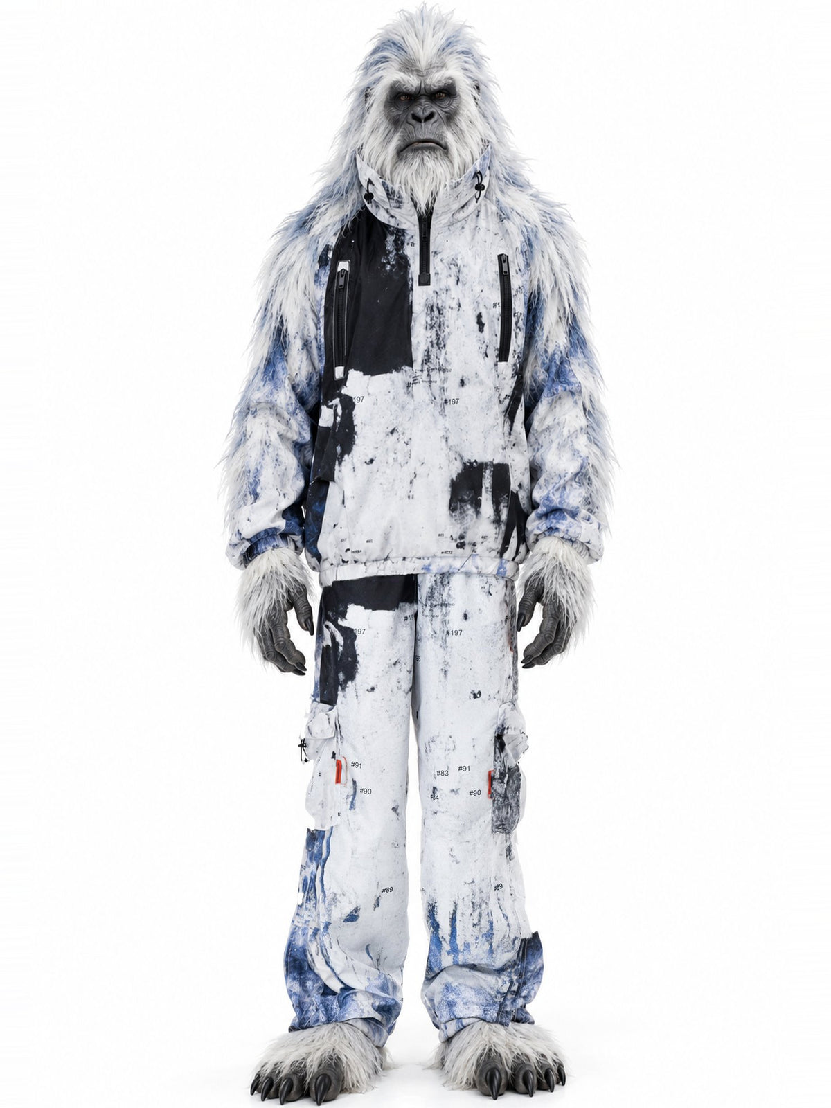 Personaggio inventato, yeti dal pelo bianco e azzurro, indossa Rugged Cargo