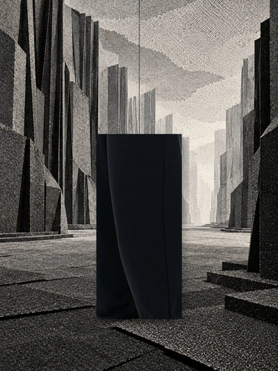 قطعة من ساق سروال الجوغر الأسود Classic Black، بحافة من الورق الفاتح، معلّقة بخيط بين كتل من الورق الداكن.