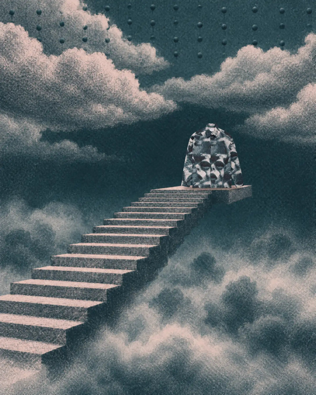 La chemise Militant Maw debout sur le palier au sommet d'un escalier rose qui s'arrête dans le vide, dans un ciel vert pétrole aux nuages roses. Tout est fait de points de trame.