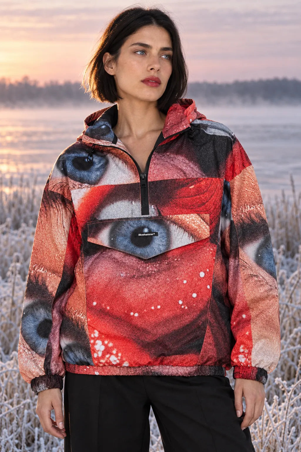 Persona inventata sulla riva di un lago gelato all'alba, con il Love Act Anorak