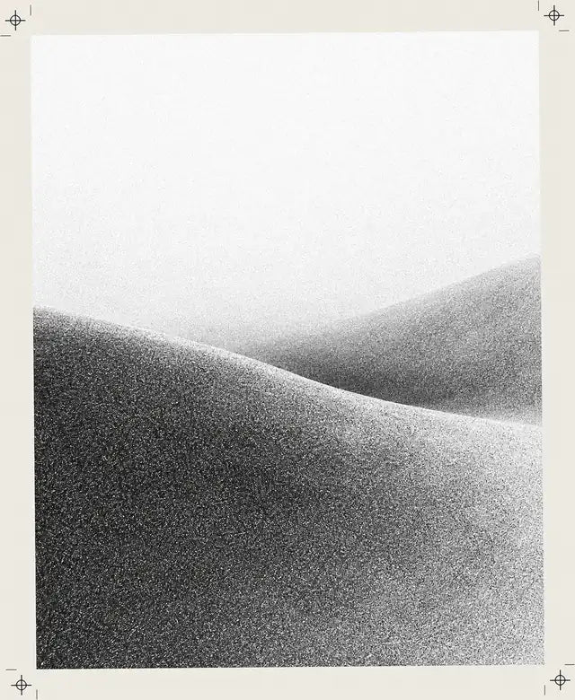 Due dune di grana in bianco e nero sotto un cielo di nebbia.